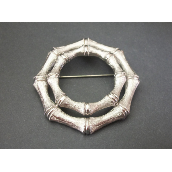 Vintage Monet Silver Tone Bamboo Brooch Circle Pin Elegant Wreath Lapel Pin
