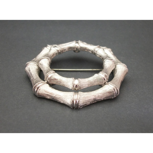 Vintage Monet Silver Tone Bamboo Brooch Circle Pin Elegant Wreath Lapel Pin