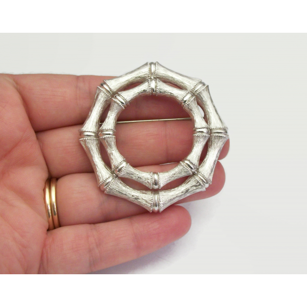 Vintage Monet Silver Tone Bamboo Brooch Circle Pin Elegant Wreath Lapel Pin