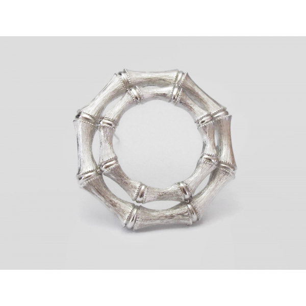 Vintage Monet Silver Tone Bamboo Brooch Circle Pin Elegant Wreath Lapel Pin
