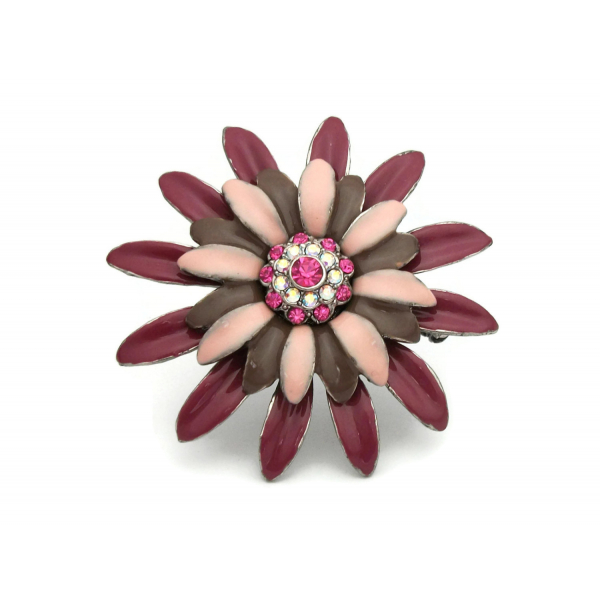 Vintage Enamel Flower Brooch Lapel Pin Pink Merlot Plum and Brown Enamel