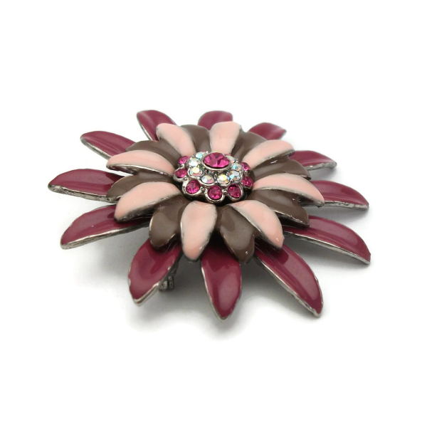 Vintage Enamel Flower Brooch Lapel Pin Pink Merlot Plum and Brown Enamel