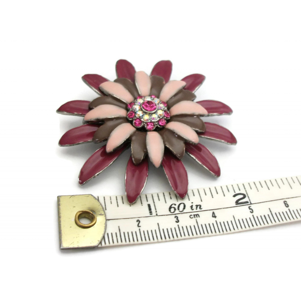 Vintage Enamel Flower Brooch Lapel Pin Pink Merlot Plum and Brown Enamel