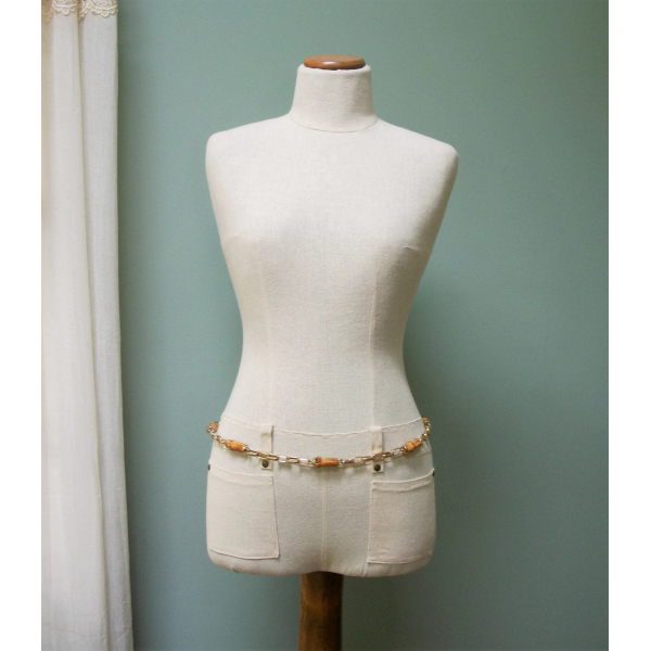 Vintage Wood and Gold Chain Belt Unisex up to 35 1/2" Belt for Woman or Man Boho