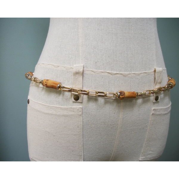 Vintage Wood and Gold Chain Belt Unisex up to 35 1/2" Belt for Woman or Man Boho
