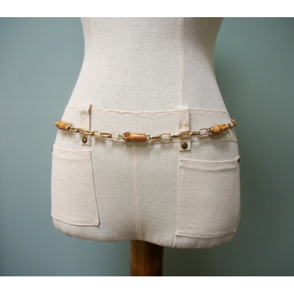 Vintage Wood and Gold Chain Belt Unisex up to 35 1/2" Belt for Woman or Man Boho