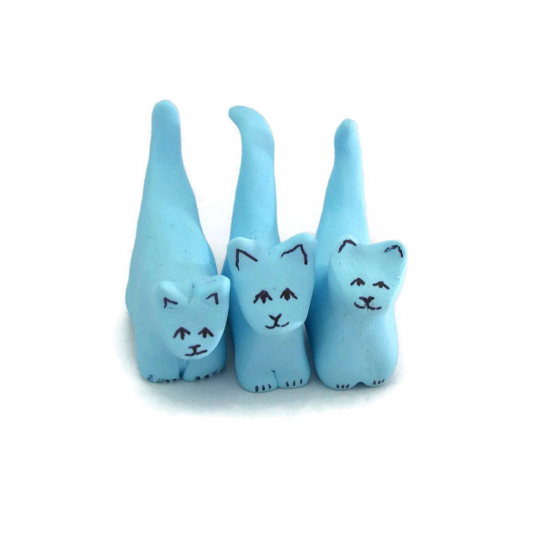 Set of Three 3 Miniature Cat Figurines Polymer Clay Sculpture Light Blue Kitten