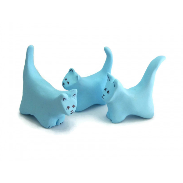 Set of Three 3 Miniature Cat Figurines Polymer Clay Sculpture Light Blue Kitten