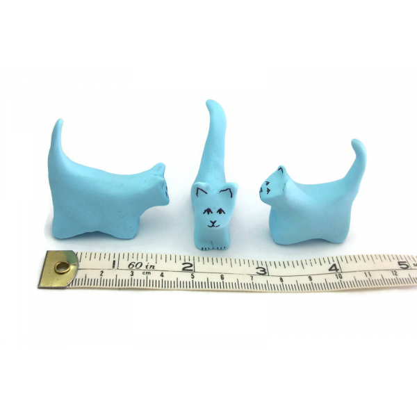 Set of Three 3 Miniature Cat Figurines Polymer Clay Sculpture Light Blue Kitten