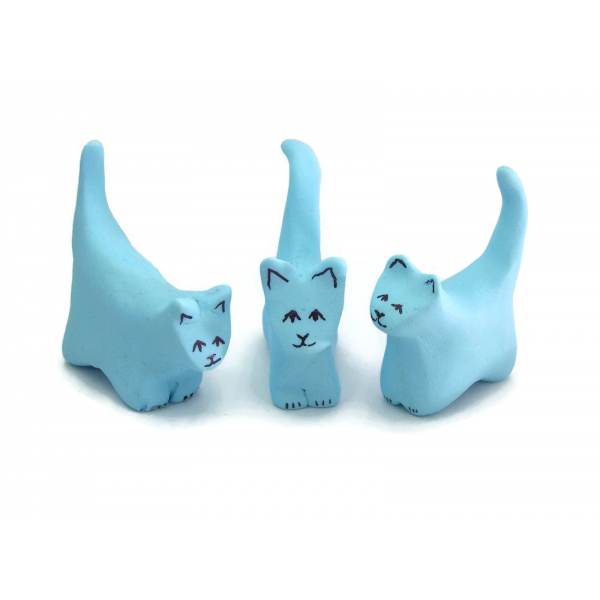 Set of Three 3 Miniature Cat Figurines Polymer Clay Sculpture Light Blue Kitten