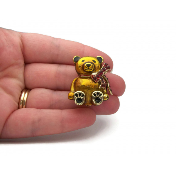Signed Monet Teddy Bear Enamel Brooch or Lapel Pin with Red Rhinestone Bow