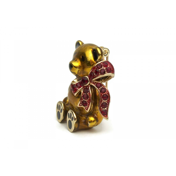 Signed Monet Teddy Bear Enamel Brooch or Lapel Pin with Red Rhinestone Bow