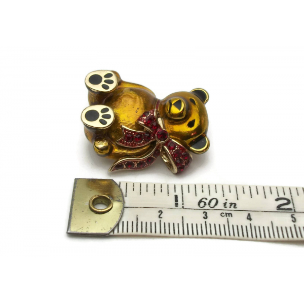 Signed Monet Teddy Bear Enamel Brooch Lapel Pin with Red Rhinestone Bow