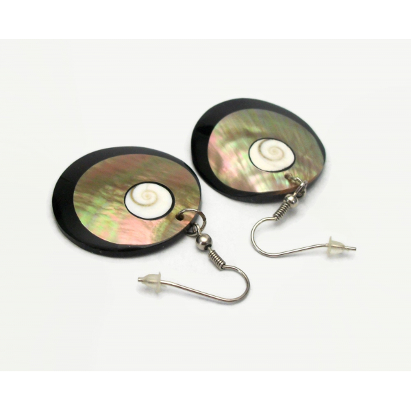 Abalone Seashell and Black Lucite Dangle Earrings Drop Hook Earrings for Pierced