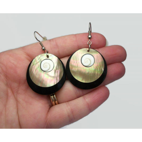 Abalone Seashell and Black Lucite Dangle Earrings Drop Hook Earrings for Pierced