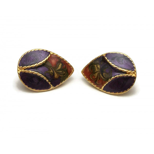 Vintage Purple Orange and Gold Enamel Clip on Earrings Teardrop Shaped