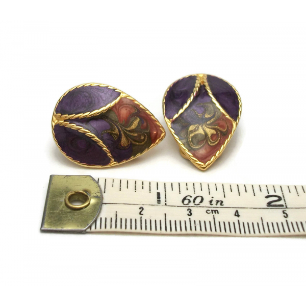 Vintage Purple Orange and Gold Enamel Clip on Earrings Teardrop Shaped