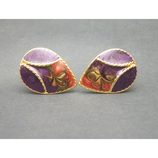 Vintage Purple Orange and Gold Enamel Clip on Earrings Teardrop Shaped