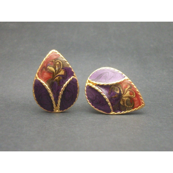 Vintage Purple Orange and Gold Enamel Clip on Earrings Teardrop Shaped