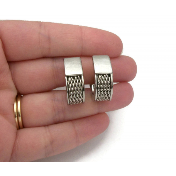 Vintage Silver Tone Mesh Metal Clip On Earrings Industrial Edgy Brutalist