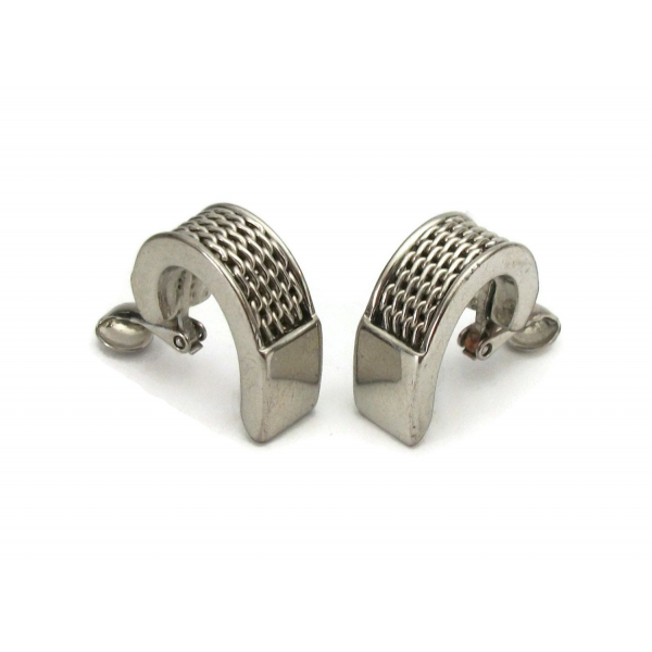 Vintage Silver Tone Mesh Metal Clip On Earrings Industrial Half Hoop Brutalist