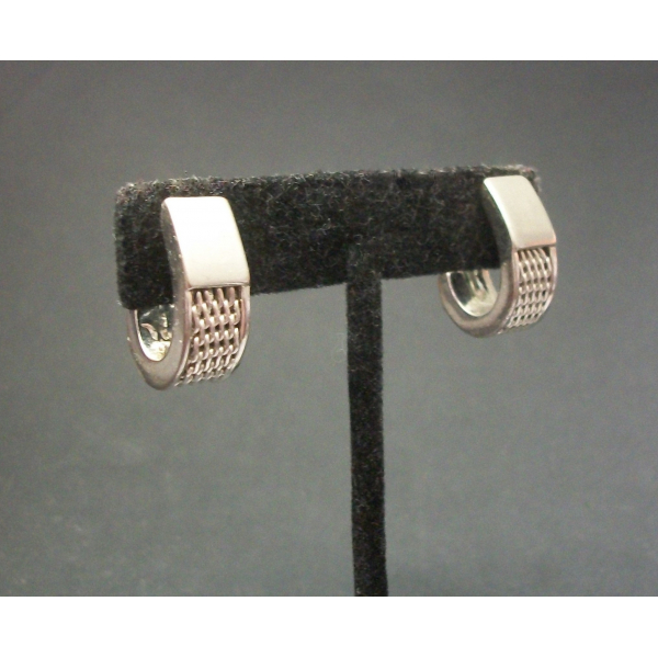 Vintage Silver Tone Mesh Metal Clip On Earrings Industrial Half Hoop Brutalist