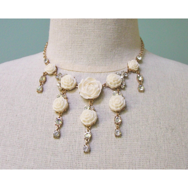 Floral Fringe Bib Necklace Cream White Roses Flowers