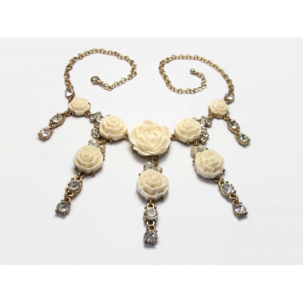 Floral Fringe Bib Necklace Cream White Roses Flowers and Rhinestones