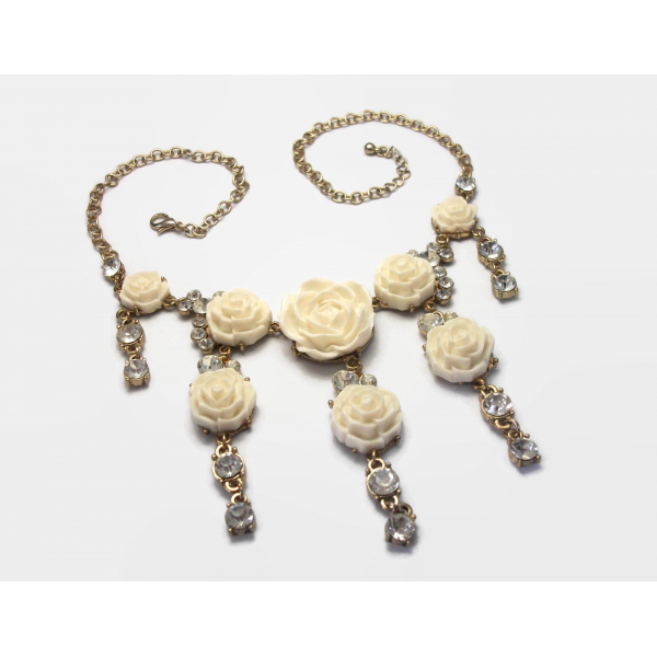 Floral Fringe Bib Necklace Cream White Roses Flowers and Rhinestones