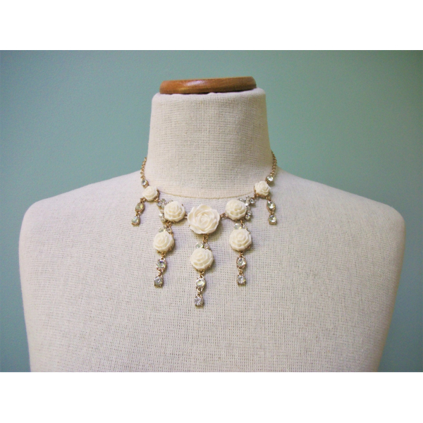 Floral Fringe Bib Necklace Cream White Roses Flowers and Rhinestones Wedding
