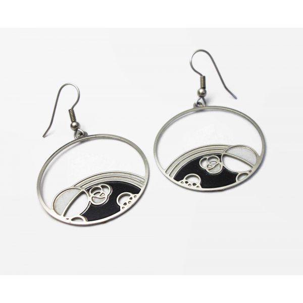 Silver Space Bubbles Dangle Hoop Hook Earrings Planets Geometric Black White