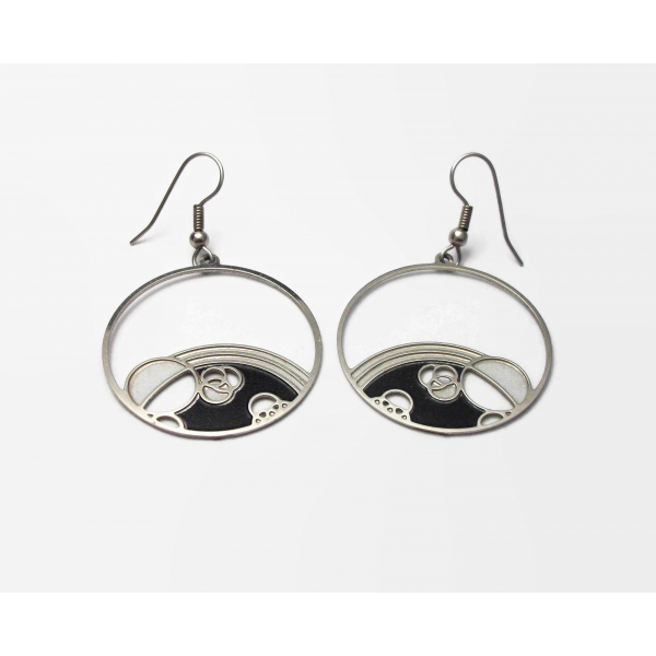 Silver Space Bubbles Dangle Hoop Hook Earrings Planets Geometric Black White