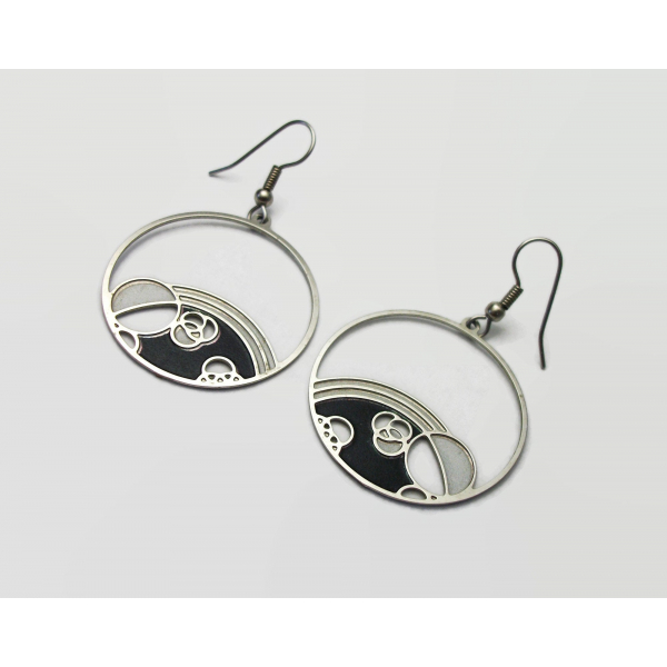 Silver Space Bubbles Dangle Hoop Hook Earrings Planets Geometric Black White