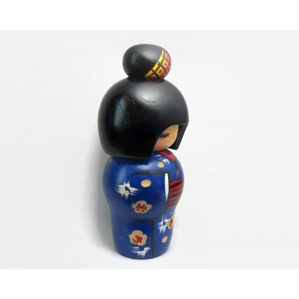 Vintage Japanese Wood Kokeshi Doll in Blue Kimono, 6 inch
