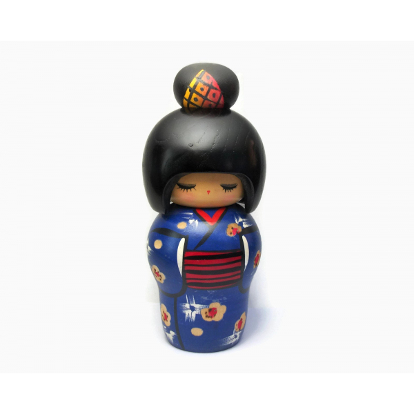 Vintage Japanese Wood Kokeshi Doll in Blue Kimono, 6 inch