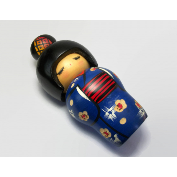 Vintage Japanese Wood Kokeshi Doll in Blue Kimono, 6 inch