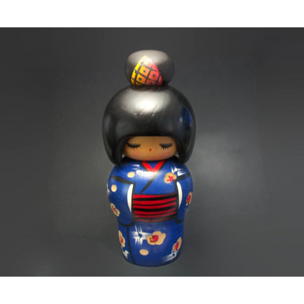 Vintage Japanese Wood Kokeshi Doll in Blue Kimono, 6 inch