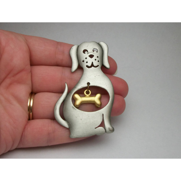 JJ Jonette Pewter Dog Brooch with Bone Charm