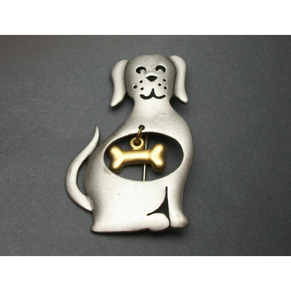 JJ Jonette Pewter Dog Brooch with Bone Charm