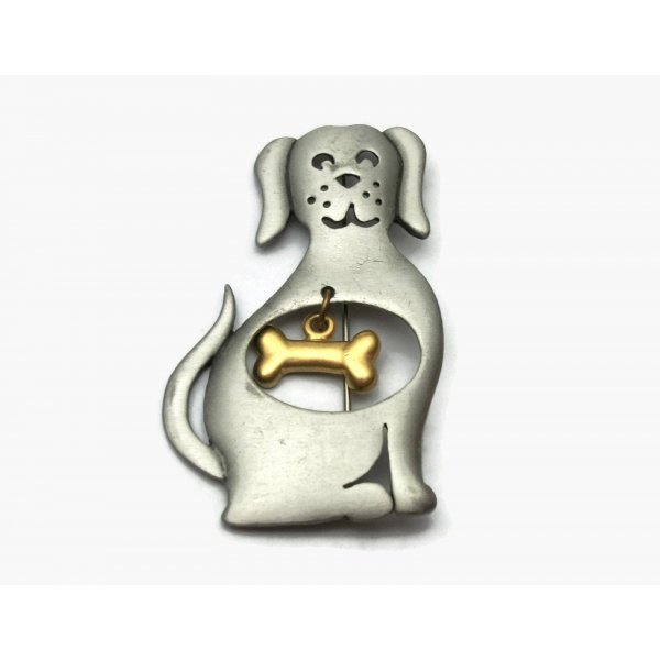 JJ Jonette Pewter Dog Brooch with Bone Charm