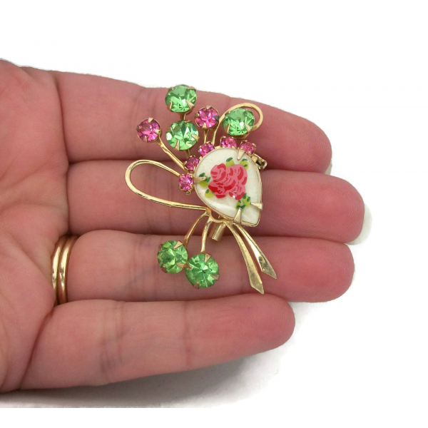 Vintage Pink and Green Rhinestone Floral Spray Brooch Pin