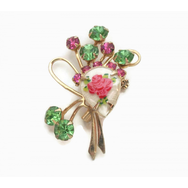 Vintage Pink and Green Rhinestone Floral Spray Brooch Pin