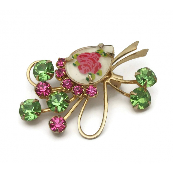Vintage Pink and Green Rhinestone Floral Spray Brooch Pin