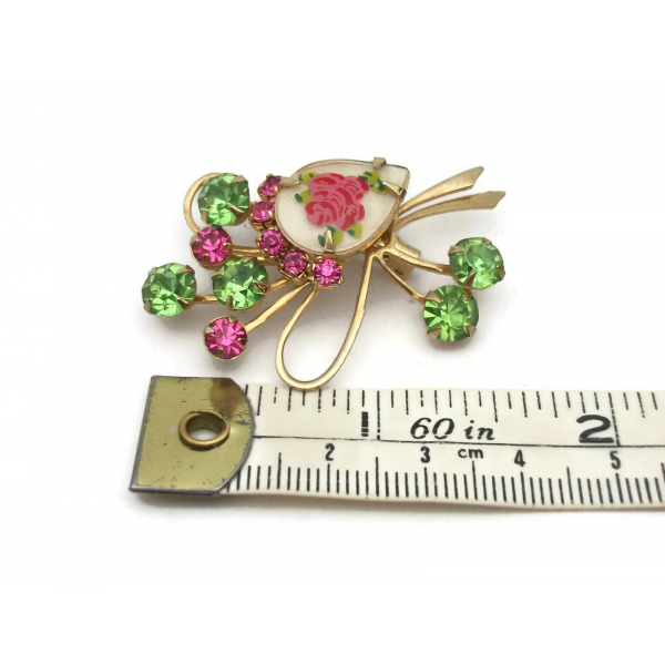 Vintage Pink and Green Rhinestone Floral Spray Brooch Pin