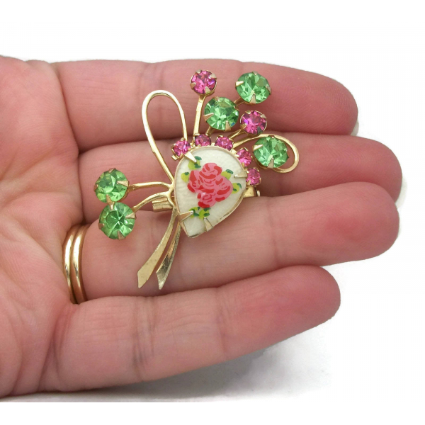 Vintage Pink and Green Rhinestone Floral Spray Brooch Pin