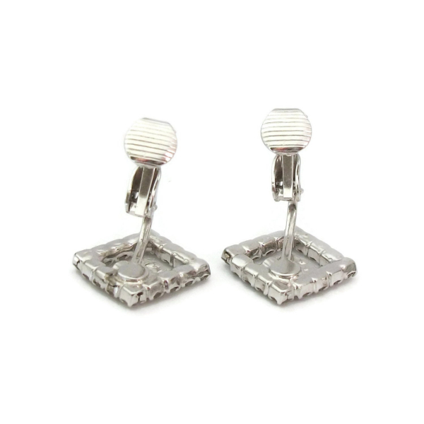 Vintage Clear Rhinestone Silver Tone Clip On Earrings Square Diamond Shaped