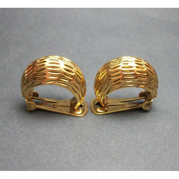 Vintage Textured Gold Tone Wide Hoop Clip On Earrings