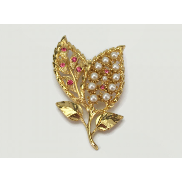 Gerry's rhinestone and pearl gold leaf brooch pin