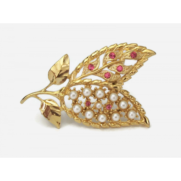 Vintage Gerry's Gold Leaf Brooch with Pearls and Pink Rhinestone Accents