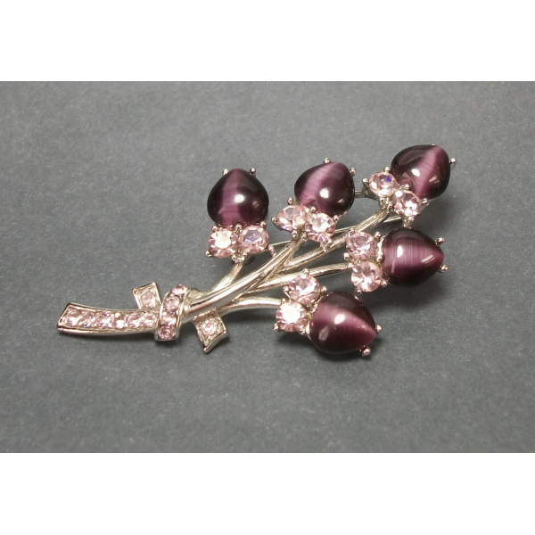 Vintage purple catseye rhinestone floral brooch